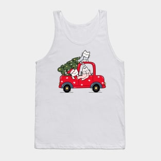 cute kitten cat with christmas tree on red truck car Tank Top